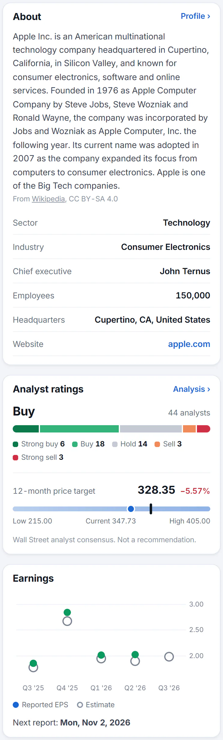 Three cards from the right-hand column of a stock's page: About, with a short description and company facts; Analyst ratings, with a bar of buy, hold and sell opinions and a price-target range; and Earnings, with reported and estimated earnings per share by quarter