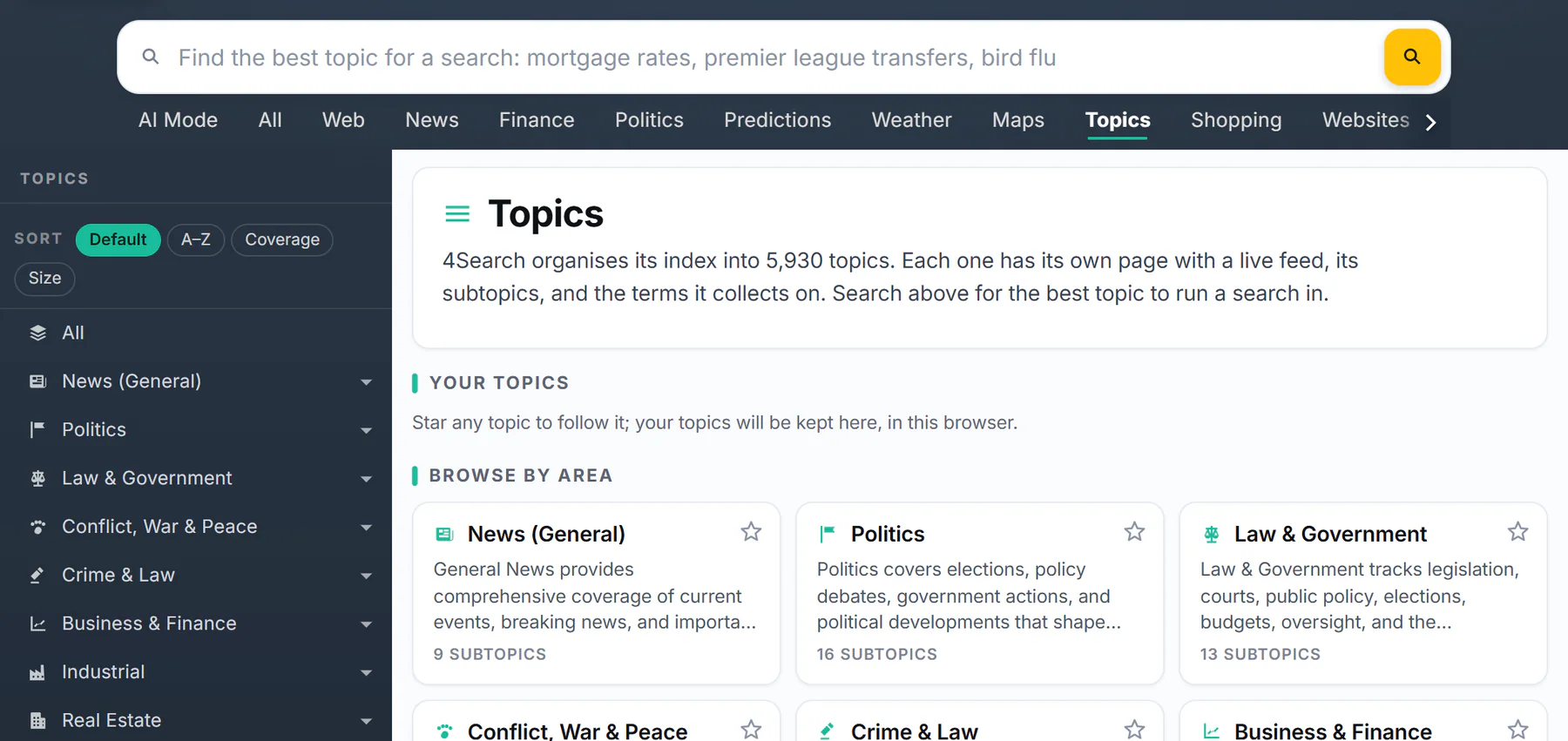 The Topics page: a search box for finding a topic, a short introduction, a Your topics area, and a grid of topic cards with their descriptions, subtopic counts and stars